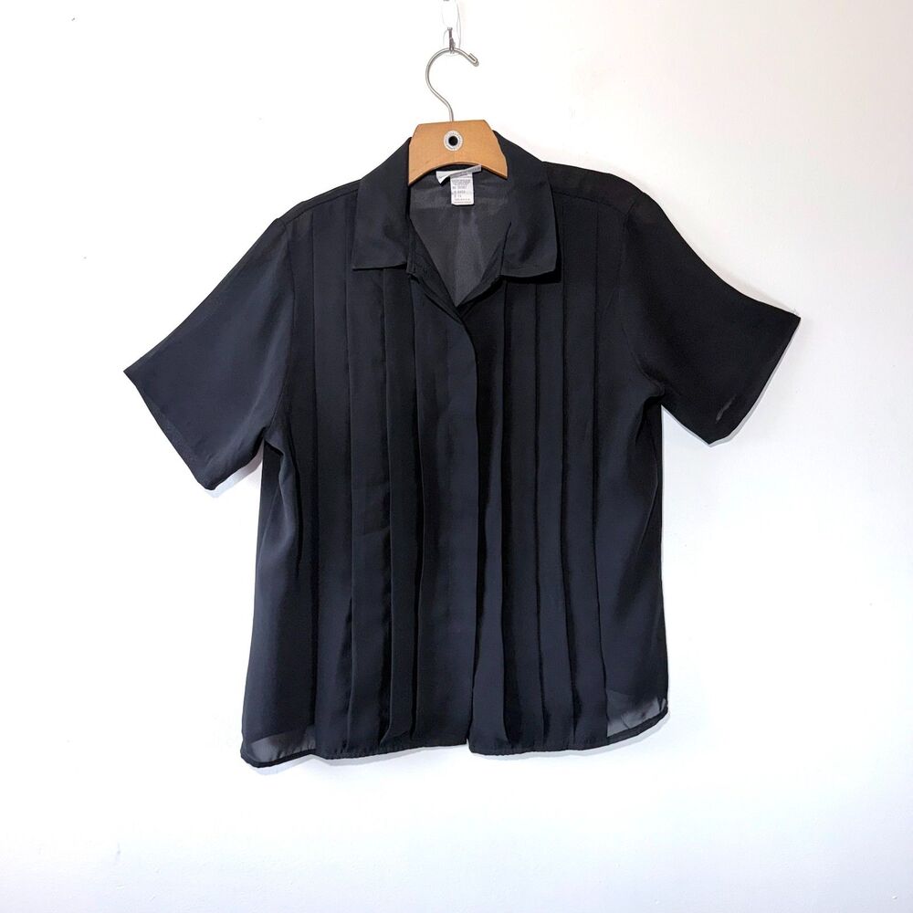 Vintage 1990s Blouse Laura Mae Black Pleated Collared Shirt Button Down Size 14